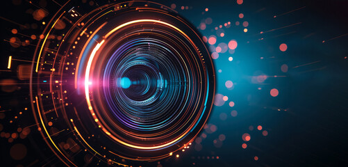 Abstract futuristic camera lens on dark background, space for text - obrazy, fototapety, plakaty