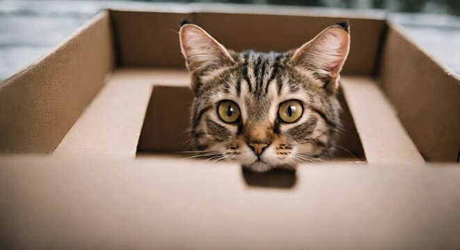 Portrait cute grey tabby cat in cardboard box on floor at home photography, generative ai