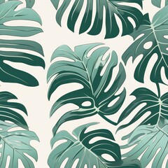 seamless pattern with green tropical monstera or palm tree leaves on white background. Hawaiian shirt, summer t-shirt, fabric and textile print.