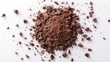 Finely crushed chocolate crumbs: top-down perspective, white background