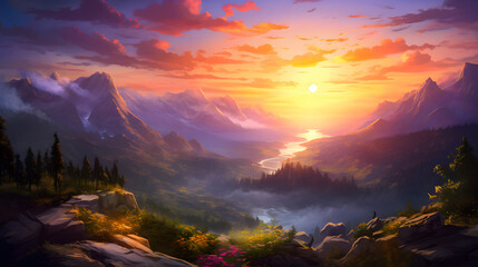 Nature landscape scenery background,, A beautiful sunrise over a lake with mountains and a lake.