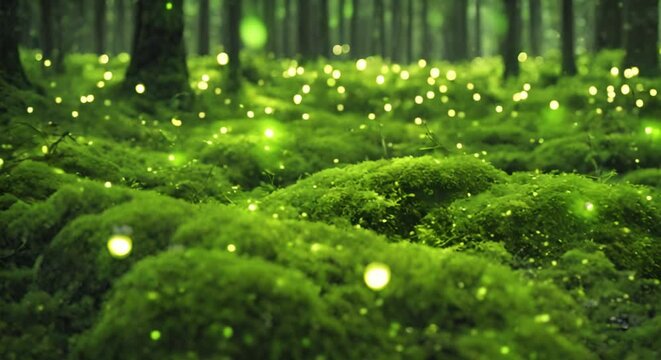 Enchanted magical forest with fireflies or lightning bug, generative ai