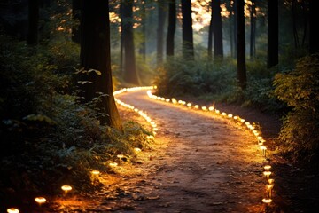 Obraz premium Winding Path Bokeh: A path through the woods.