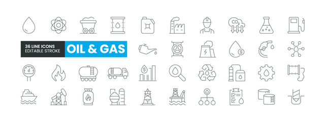 Set of 36 Oil and Gas line icons set. Oil and Gas outline icons with editable stroke collection. Includes Oil Tanker, Worker, Factory, Nuclear Plant, Sea Port, and More.