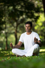 Naklejka na ściany i meble Indian man doing yoga exercise in a forest
