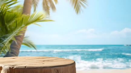 Summer product display on wooden podium at sea tropical beach - obrazy, fototapety, plakaty