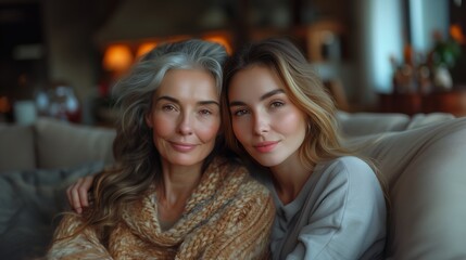 Happy older mature mother and young woman hugging, enjoying time at home together