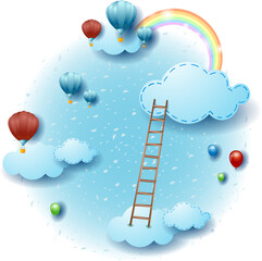Sky landscape with clouds, rainbow and ladder. Fantasy illustration vector eps10