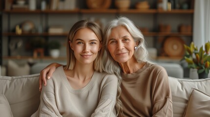 Happy older mature mother and young woman hugging, enjoying time at home together