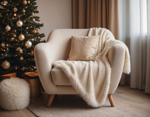 Ivory snuggle chair with fur plush blanket near decorated christmas tree with candles. Hygge new year winter holiday home interior design of modern living room. Ai Generative