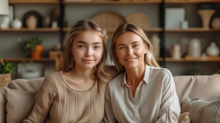 Happy older mature mother and daugther hugging, enjoying time at home together