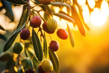 red kalamata greek olives on a tree closeup  at sunset or sunrise. Olive oil production. Organic natural spanish typical product.  - obrazy, fototapety, plakaty
