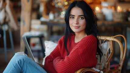 Cozy Café Ambiance: Young Woman with Laptop