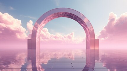 pink mirror arch in the sky 3d render podium with dreamy pastel sky and clouds and reflection - obrazy, fototapety, plakaty