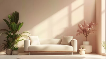  modern living room with neutral walls, beige sofa and plants, 