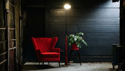 Red armchair, floor lamp and books in the garage studio room