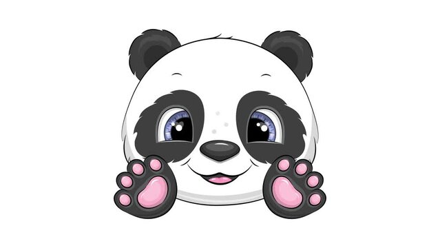Cute cartoon panda blinks his eyes and moves his paws. Looped animation of animals on a white background.