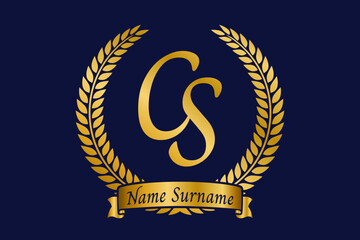 Initial letter C and S, CS monogram logo design with laurel wreath. Luxury golden calligraphy font.