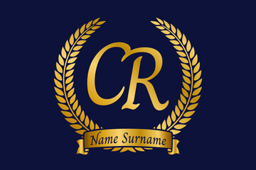 Initial letter C and R, CR monogram logo design with laurel wreath. Luxury golden calligraphy font.