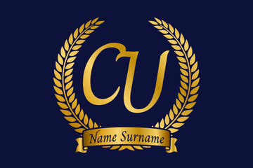 Initial letter C and U, CU monogram logo design with laurel wreath. Luxury golden calligraphy font.