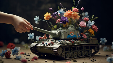 Toy tank fires a bouquet of flowers