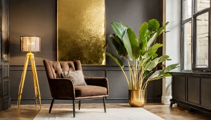 Brown armchair and big plant
