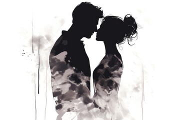 silhouette of a couple facing each other in monochrome black and white ink style isolated on white