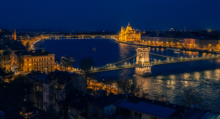 Fototapeta na wymiar Panoramic view on illuminated Budapest in evening, Hungary