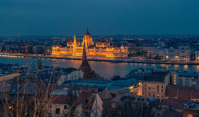 Panoramic view on illuminated Budapest in evening, Hungary