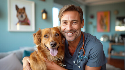 A smiling veterinarian in scrubs while embracing a happy dog. - obrazy, fototapety, plakaty