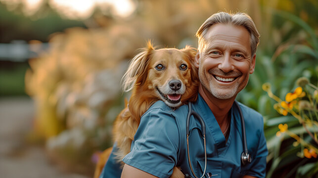 A smiling veterinarian in scrubs while embracing a happy dog.