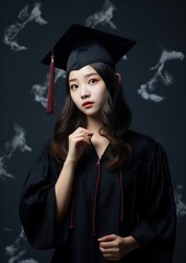 portrait of a cute asian little girl in a graduation cap