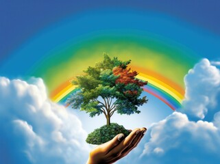 a person hand holding a small tree against blue sky and rainbow - environmental concept idea