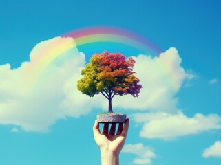 a person hand holding a small tree against blue sky and rainbow - environmental concept idea