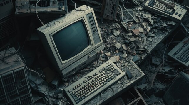 Pile of electronic, computers, monitors garbage in room from recycle industry, used electronic waste