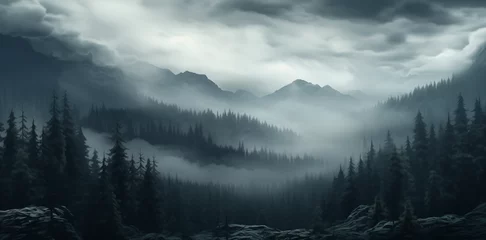 Poster Forest in mist and fog background., a foggy horizon with pine trees and mountain, spooky forested landscape with mountain and fog © jaafar
