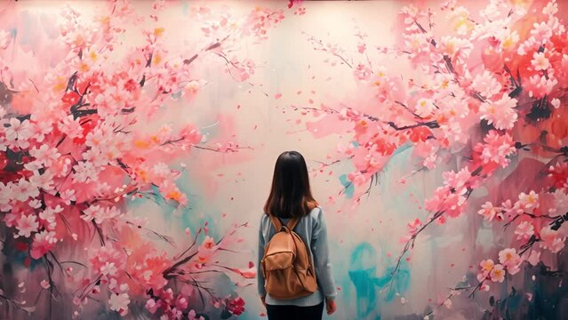 桜を見ながら歩く女性,Generative AI 