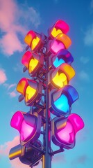 multi-colored traffic light with heart-shaped lights. 3d render of a traffic light with neon light in cyberpunk style for a declaration of love