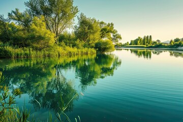 Sparkling blue-green lake, trees and grasslands reflecting in the water,clear sky