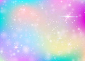Holographic background with rainbow mesh. Trendy universe banner in princess colors. Fantasy gradient backdrop with hologram. Holographic unicorn background with fairy sparkles, stars and blurs.