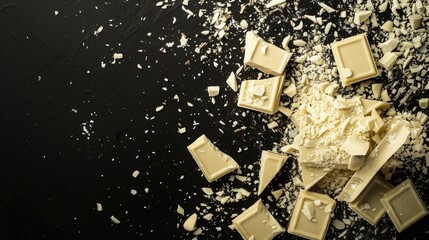 Finely crushed white chocolate crumbs: top-down perspective, black background, minimalist...