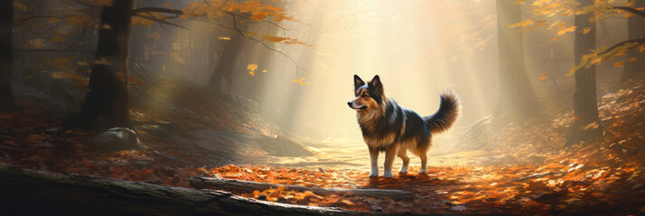 realistic dog with bushy tail and black ears, walking on a dirt path through a forest with tall trees and colorful leaves, with rays of sunlight and mist creating magical atmosphere - obrazy, fototapety, plakaty