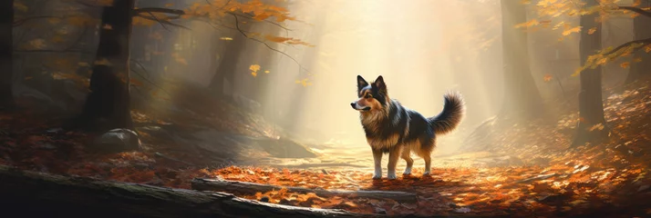 Foto op Canvas realistic dog with bushy tail and black ears, walking on a dirt path through a forest with tall trees and colorful leaves, with rays of sunlight and mist creating magical atmosphere © wiparat