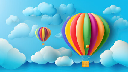 Fototapeta premium hot air balloon, cloud and rainbow blue sky background