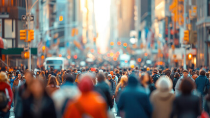 Obraz premium Blurred and Unrecognizable Crowd in a Busy Urban Street Scene, Capturing the Hustle and Bustle of City night Life