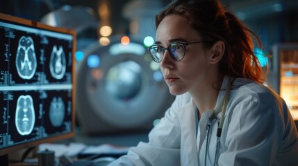 A female doctor is working on a computer in the doctor's office hospital, looking at the MRI scan test results of the patient. Doctors consult with other doctors.