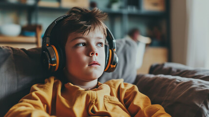 a man wearing headset listen to music enjoying , relaxed posture, sitting at a sofa
