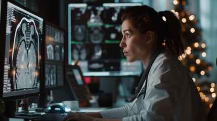 A female doctor is working on a computer in the doctor's office hospital, looking at the MRI scan test results of the patient. Doctors consult with other doctors.