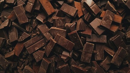 Haphazardly scattered pile of chocolate bars, rich brown hues, tempting indulgence