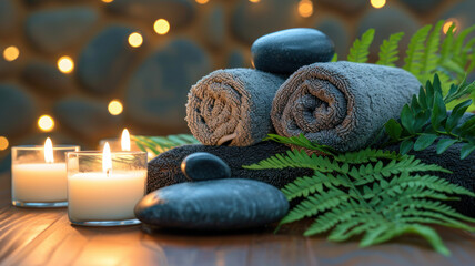 Towel fern candles black hot stone wooden background spa treatment relax concept copy spa
